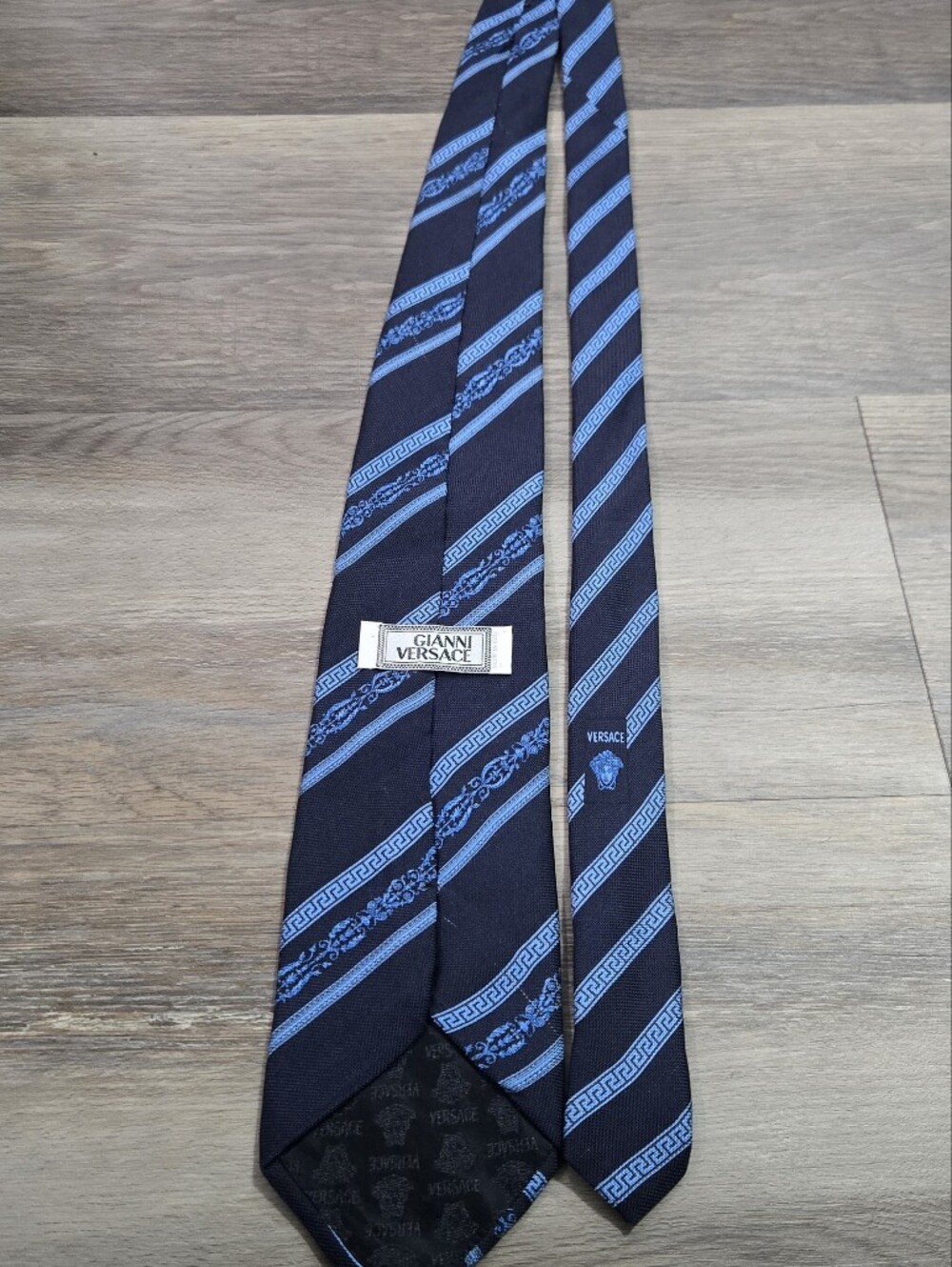 Vintage 1990s Gianni Versace Silk Tie Navy Blue Greek Key Baroque Medusa